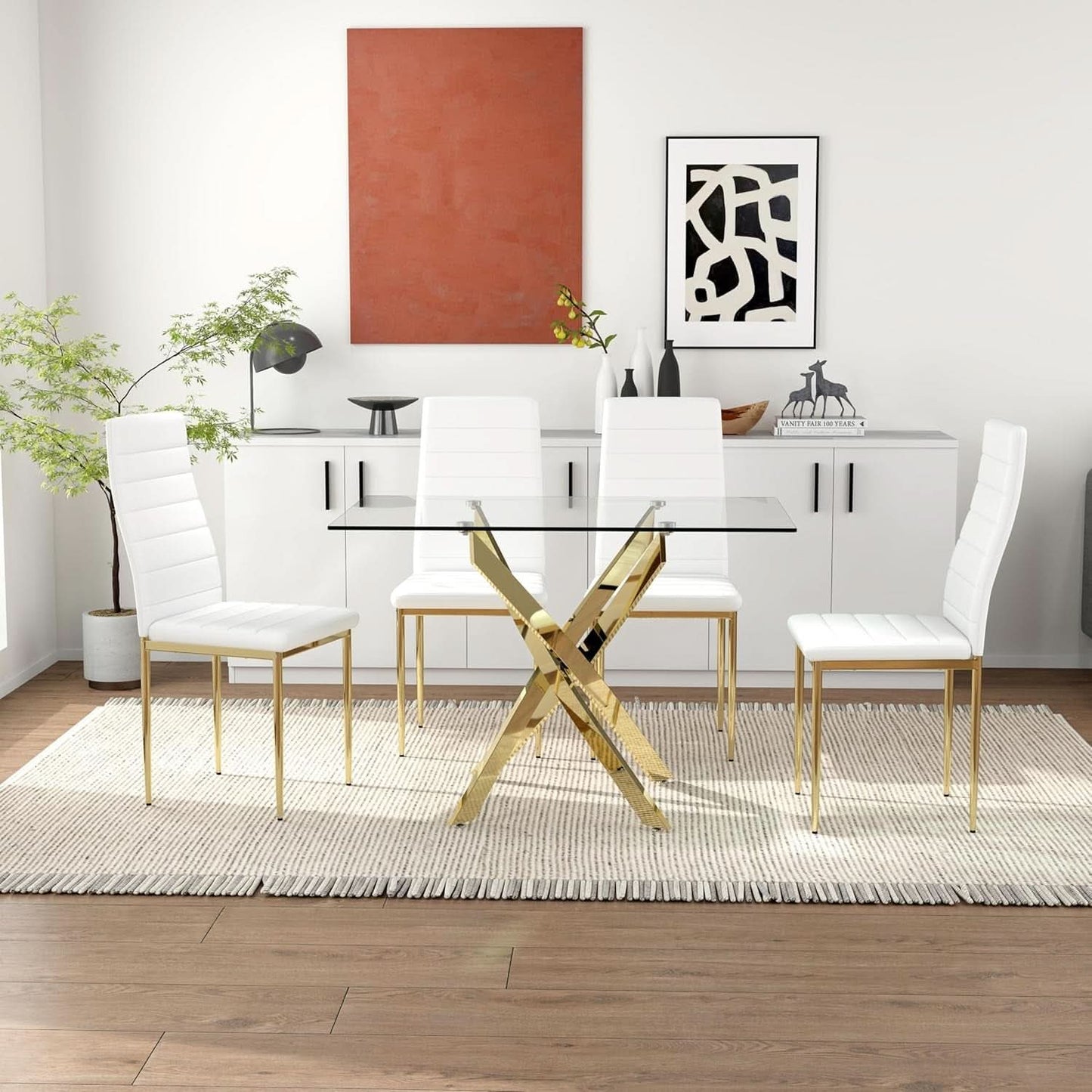 White Dining Chairs Set 4 GoldLegs Ergonomic Cushioned