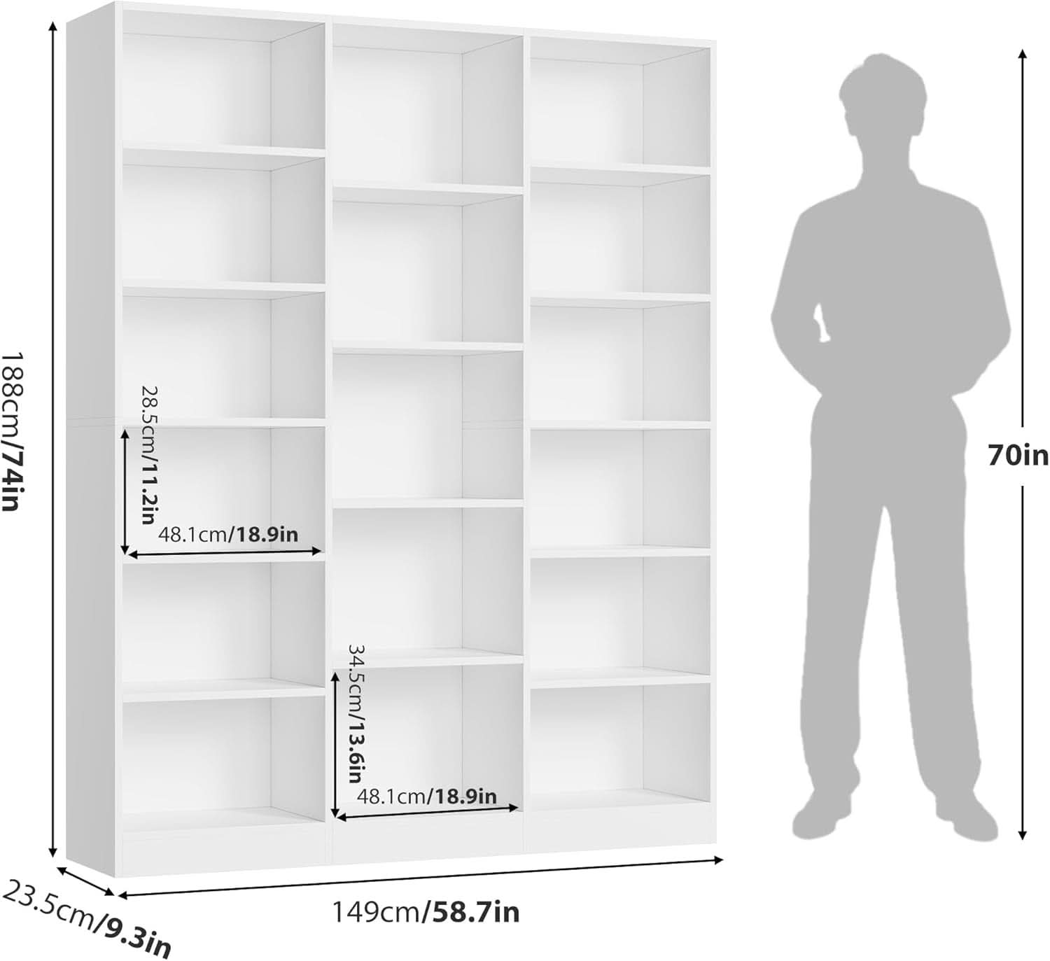 Triple Wide White Bookshelf 6 Tier 74 Inch Tall Unit-2