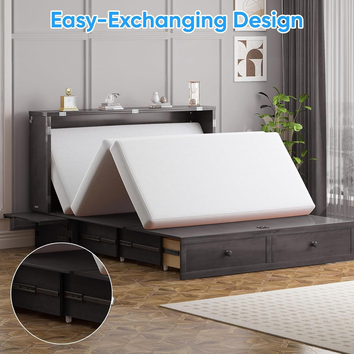 Gray Murphy Cabinet Bed Queen Multi Functional Mattress