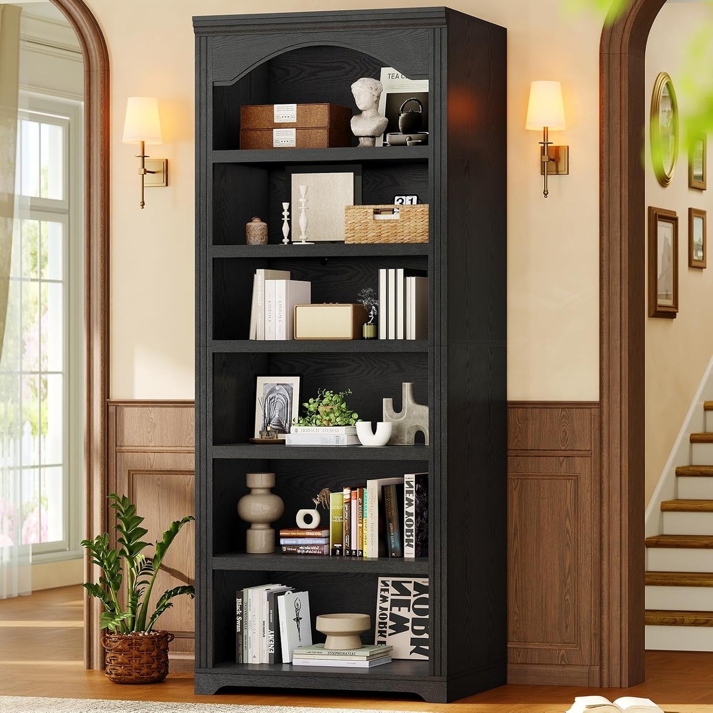 Tall Black Arched Vintage Commercial Grade Bookshelf-0