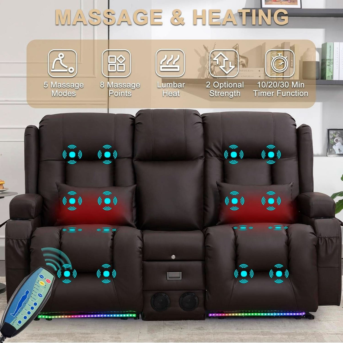 Dark Brown Power Reclining Loveseat Heated Massage