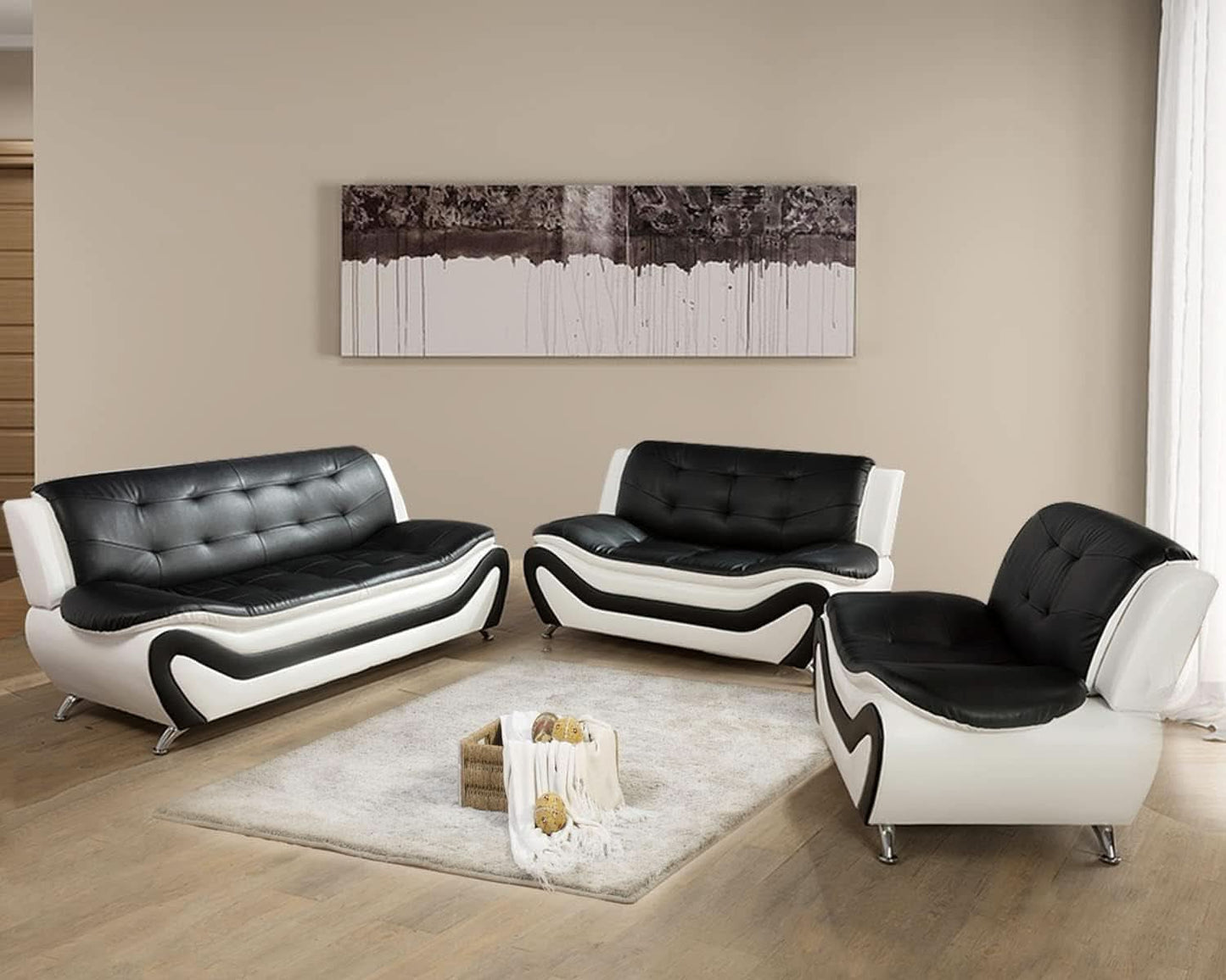 Vegan Leather Sofa Set 3 Piece Living Room Furniture White and Black-2