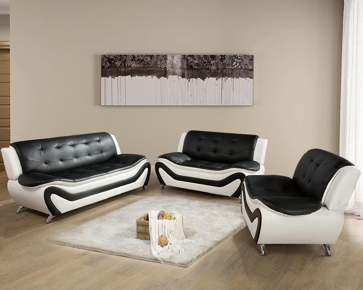 Vegan Leather Sofa Set 3 Piece Living Room Furniture White and Black-2