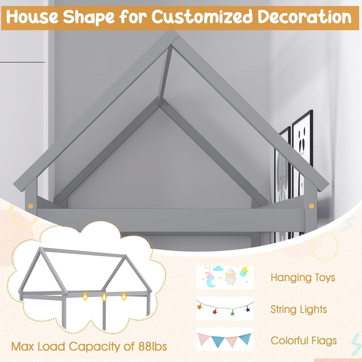 Grey Twin Montessori Playhouse Bedstead Slats Frame