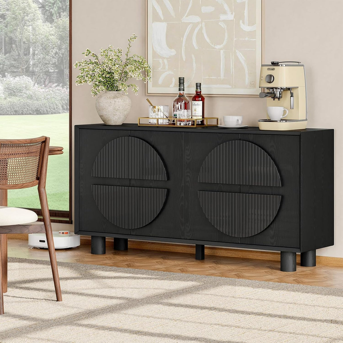 Black Fluted Buffet Cabinet With Storage Compartments