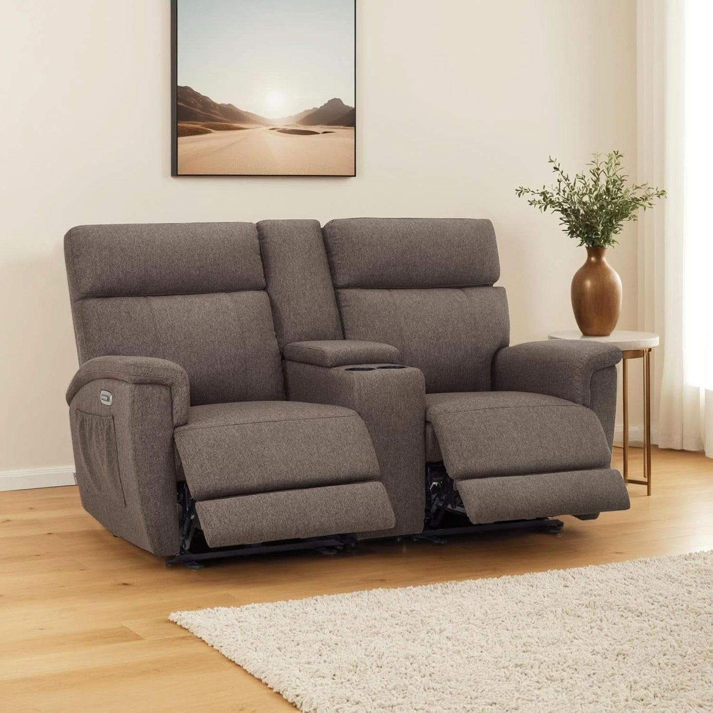 Mocha Power Recliner Loveseat With Massaging For Living Room Comfort