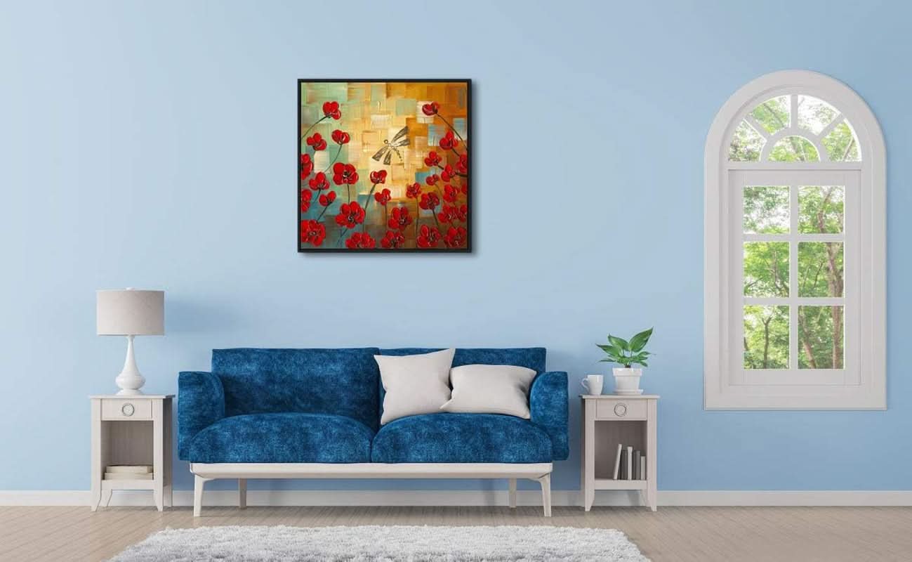 Framed Dragonfly Floral Impressionist Canvas Wall Art
