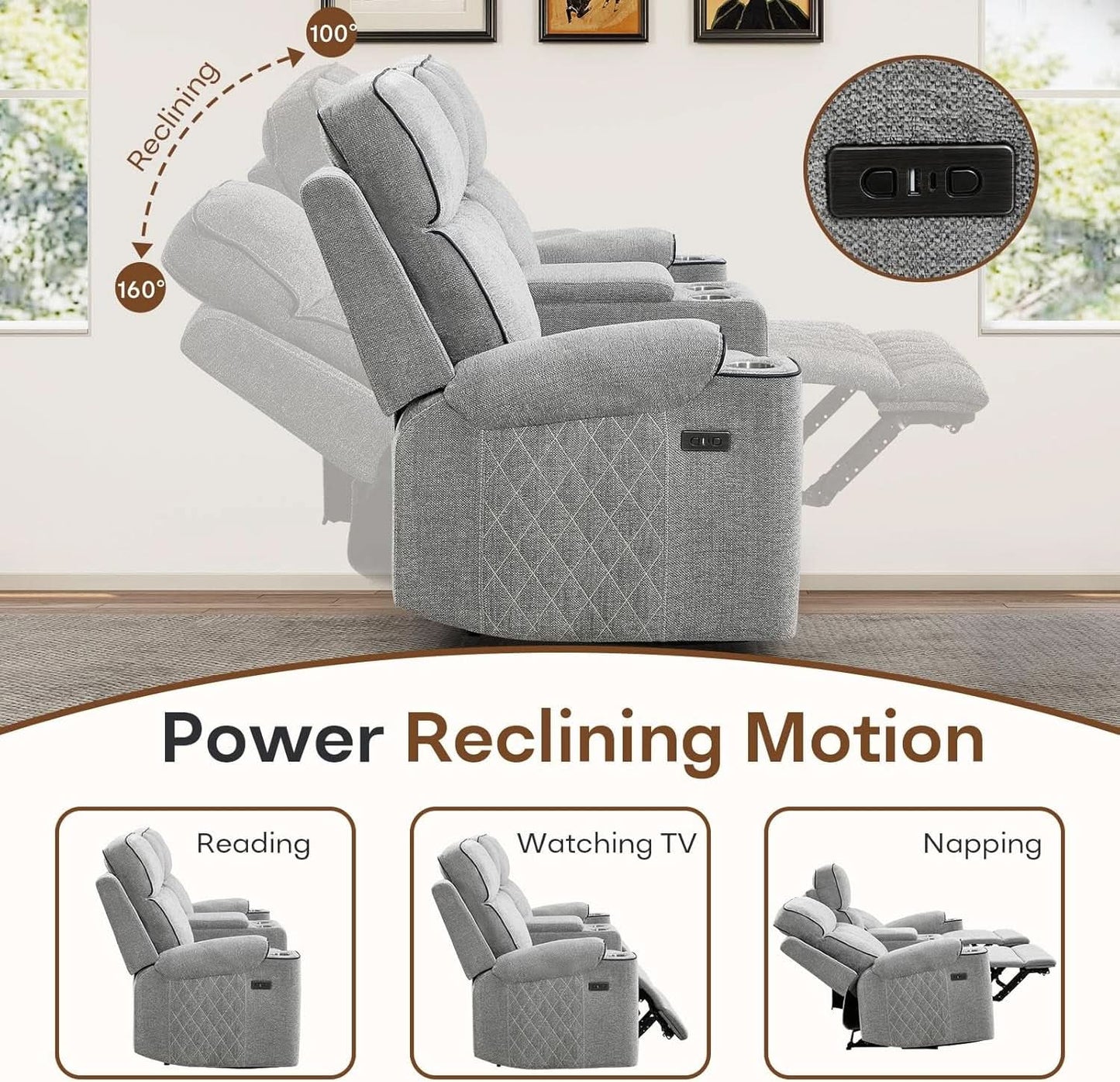 Light Grey Power Recliner Contemporary Sofa Collection