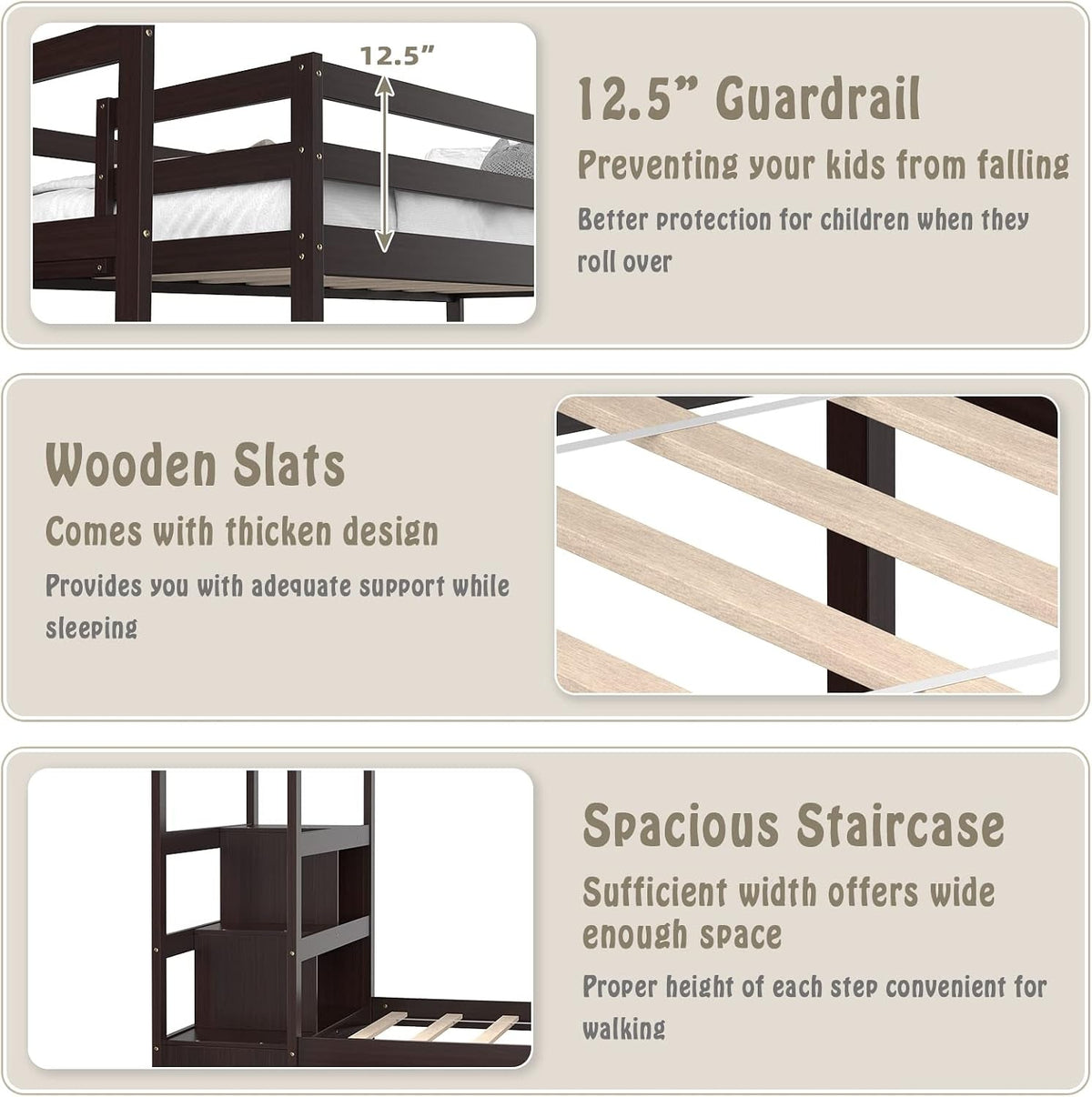 Espresso Solid wood Twin Bunk Bed With Trundle Storage