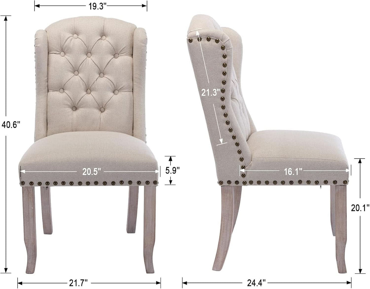 Beige Linen Tufted Wingback Upholstered Dining Chairs