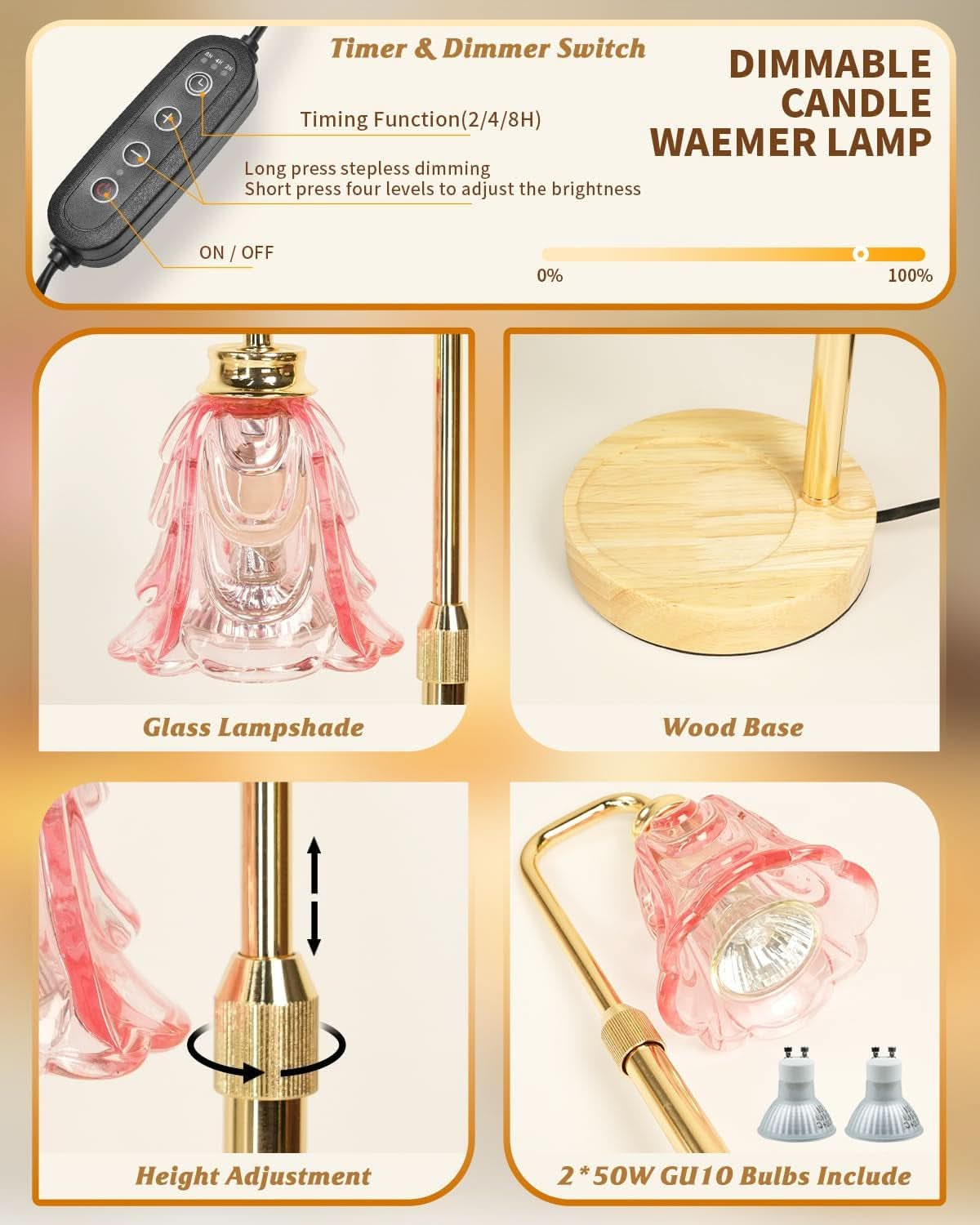 Pink Multifunctional Candle Warmer Lamp Timer Dimmable