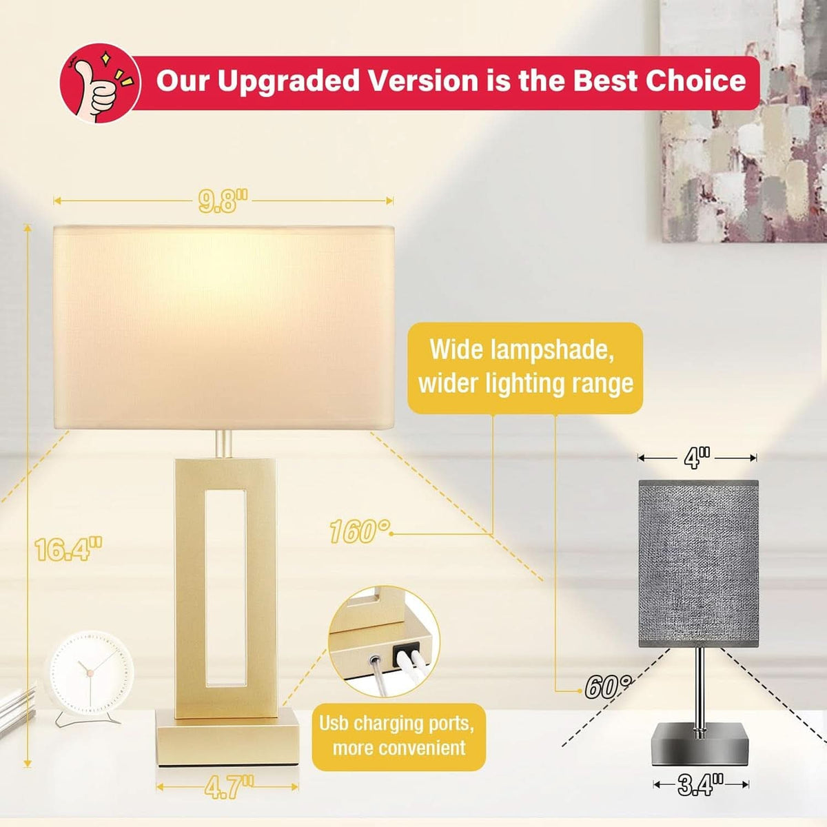 Lux urious Gold Table Lamps Fo rNight stand USBC Dimmable
