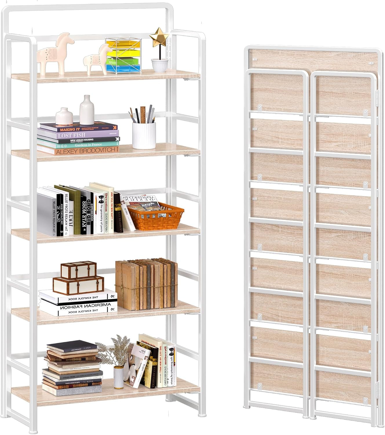 Natural White Five Tier Freestanding Storage Bookcase