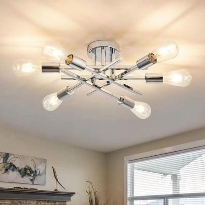 6 Light Chrome Sputnik Chandelier Semi Flush Mount Ceiling Light