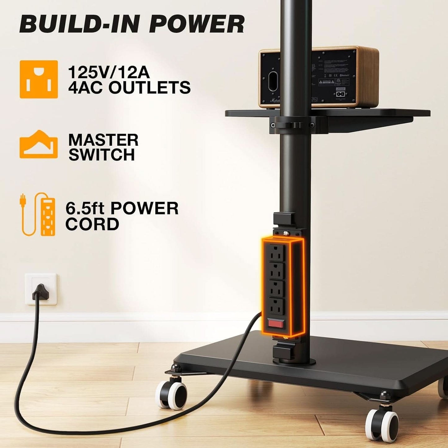 Black Rolling TV Stand With Integrated Storage Shelving