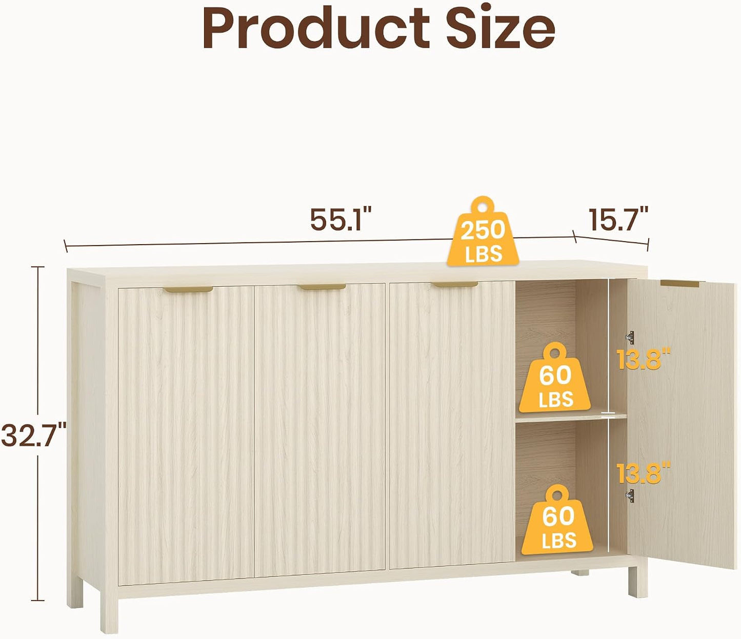 55 Inch Modern Fluted Buffet Cabinet With Four Doors