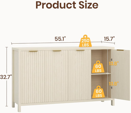 55 Inch Modern Fluted Buffet Cabinet With Four Doors