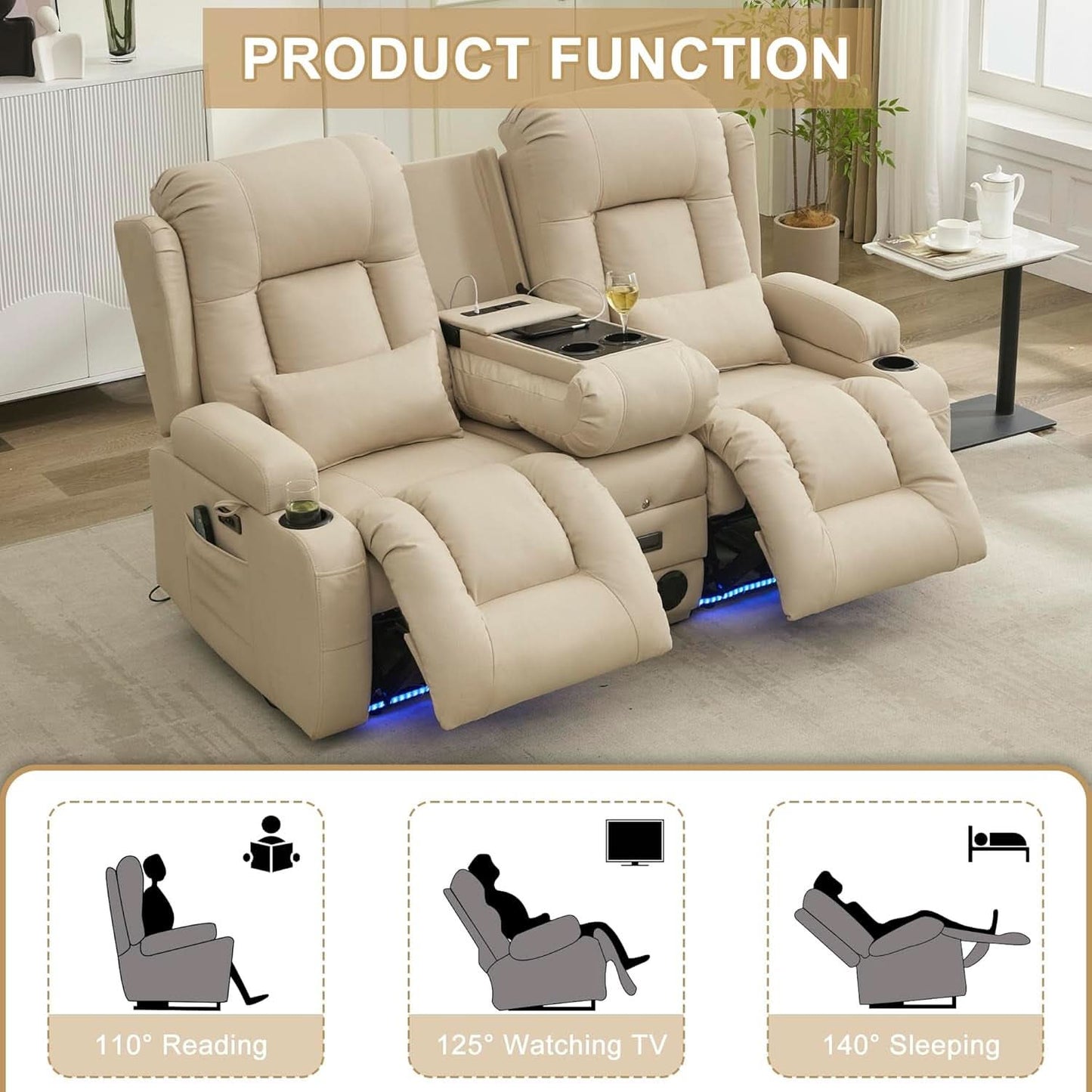 Beige Leatherette Power Reclining Loveseat With Massage