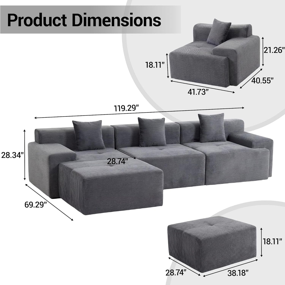 119 Inch Greyish Contemporary Modular Sectional Sofa