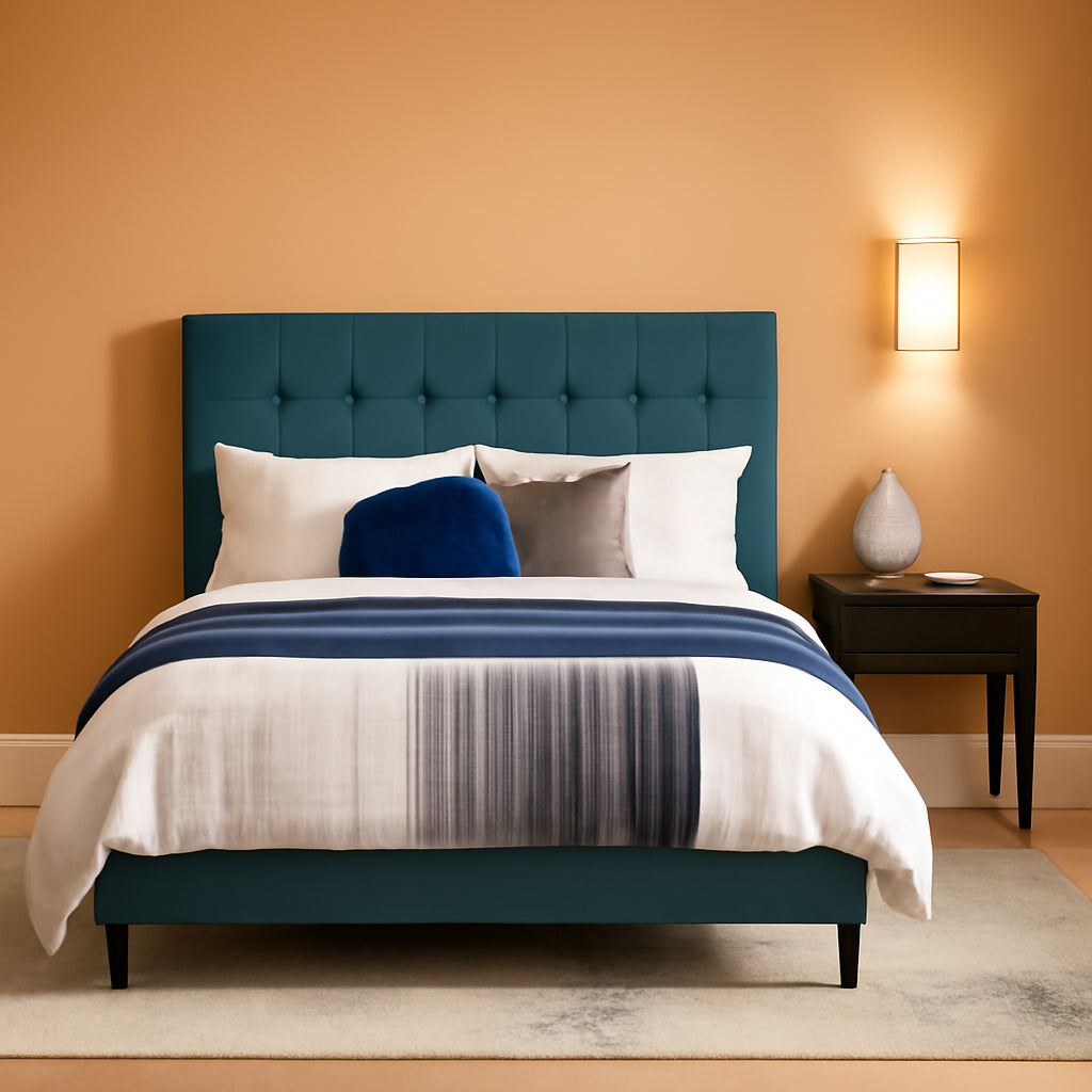 Queen Platform Tufted Upholstered Bed Teal Velvet Texture