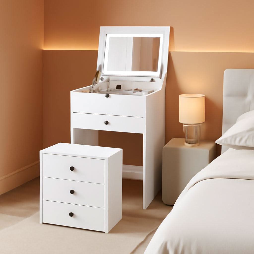 Small White Vanity Desk Illuminated Mirror Storage