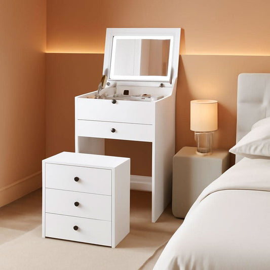 Small White Vanity Desk Illuminated Mirror Storage