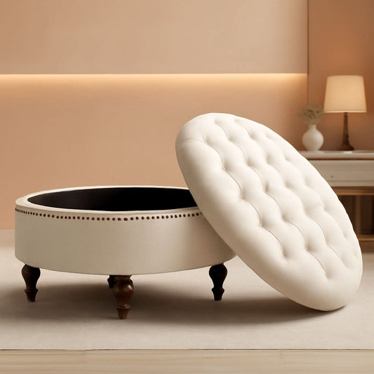 Large 31.5 Inches Round Storage Ottoman LinenBeige