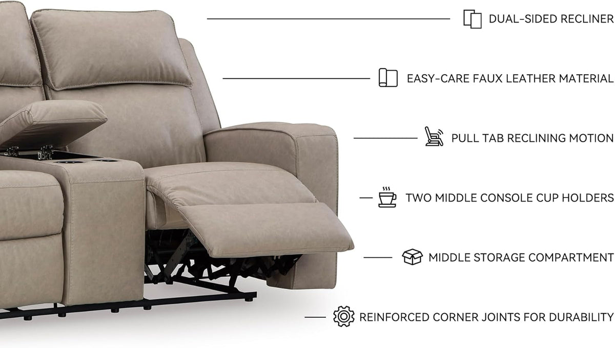 Manual Reclining Faux Leather Loveseat Beige Cupholders