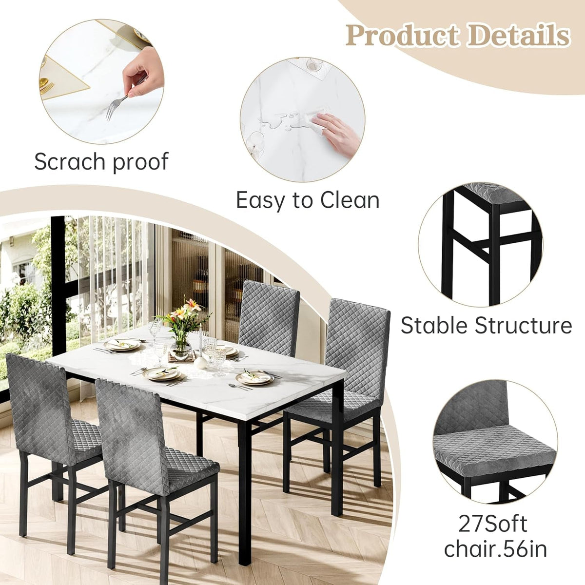 Slate Grey Marble Table top Five Piece Dining Set Premium