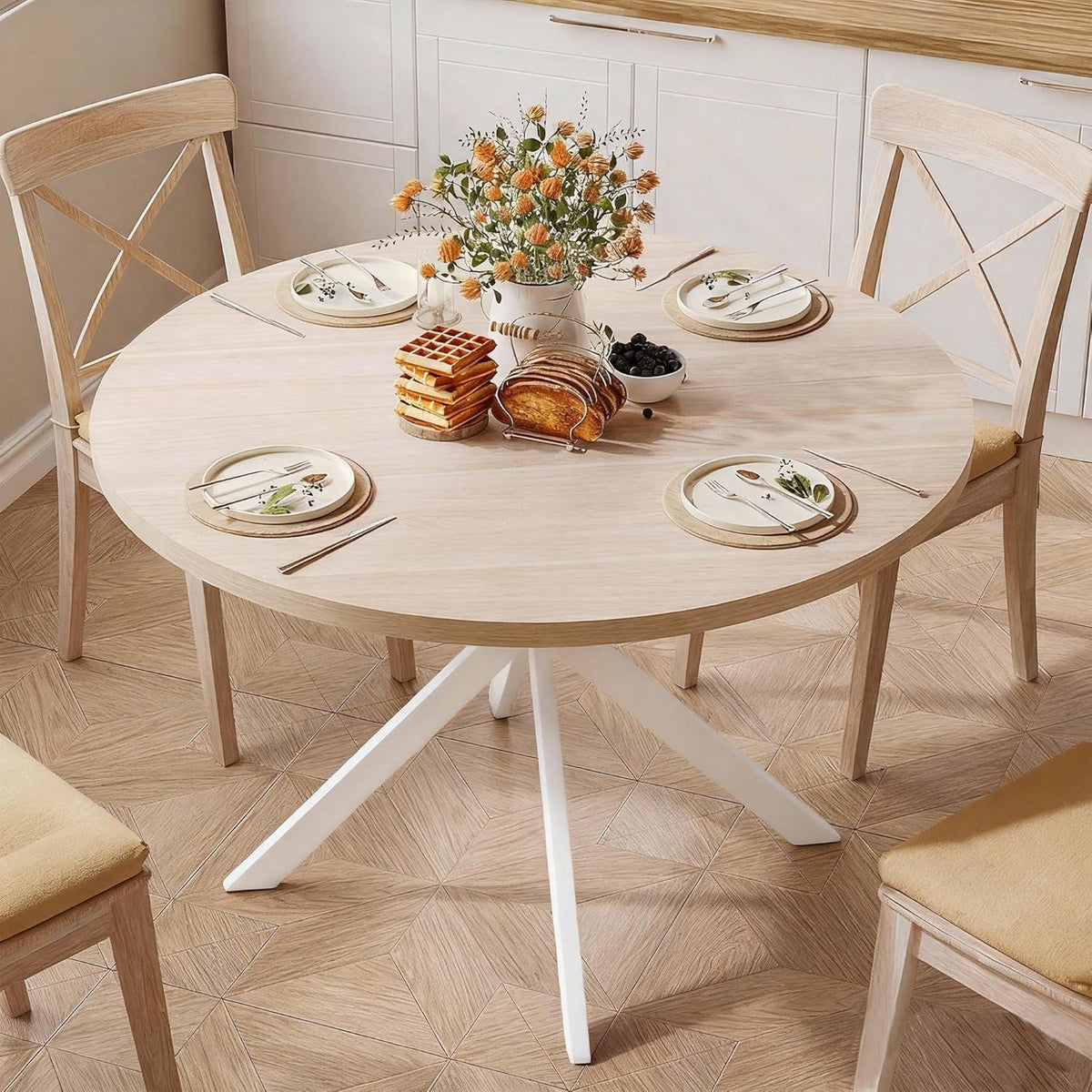 Natural Oak Round Dining Table With Rounded Edges For Four 47.2Inch