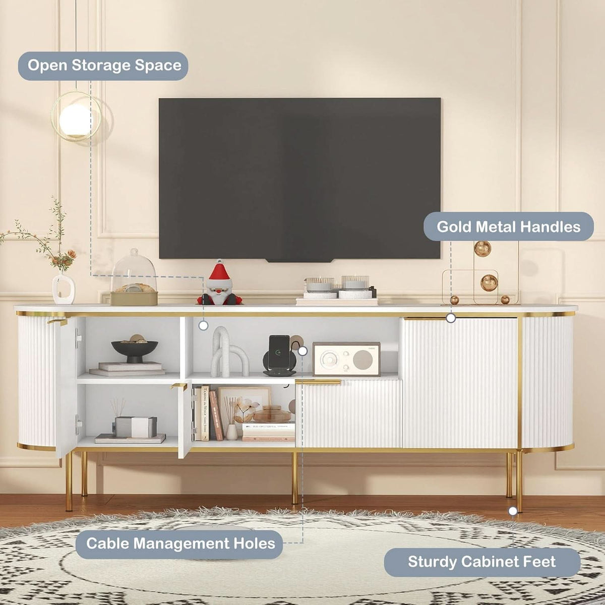 Elegant White Fluted Seventy Inch TV Stand Storage Solutions