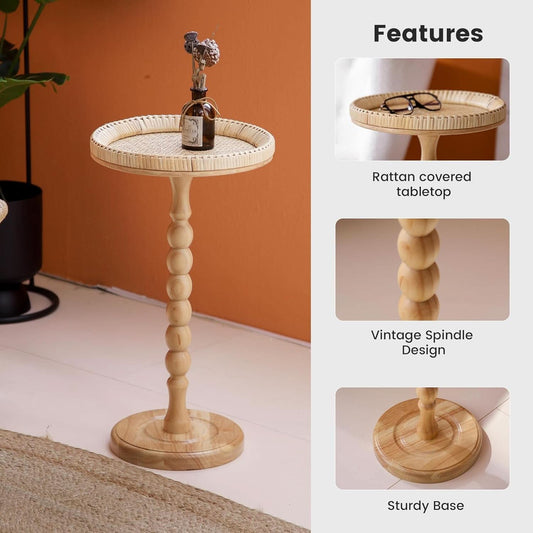 Rattan Circular Round End Table With Solid Walnut Wood Legs