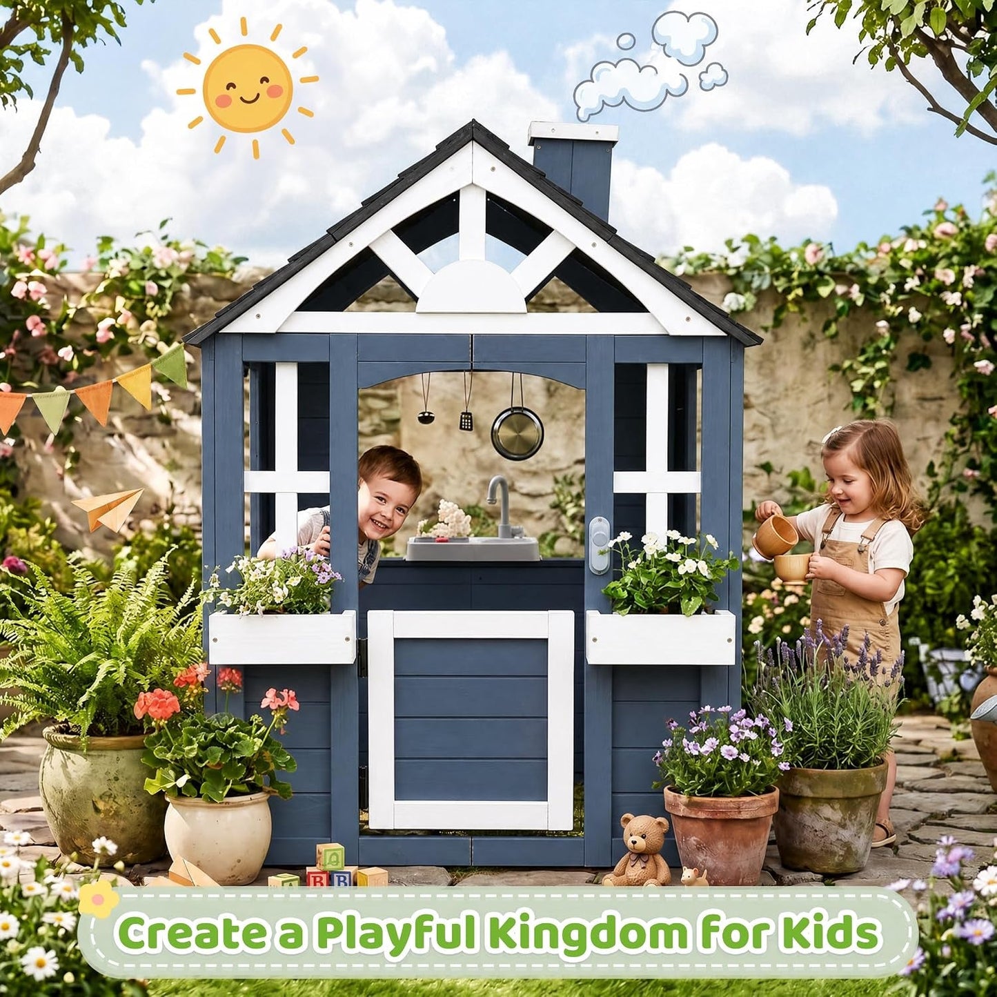 Quality Cedar Outdoor Playhouse With Kitchen Accessories
