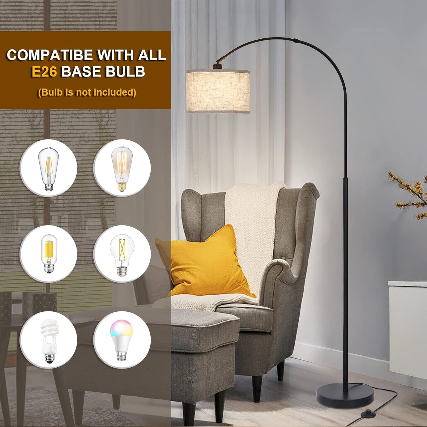 Matte Black Arc Floor Lamp With Adjustable Shade Living Room-3