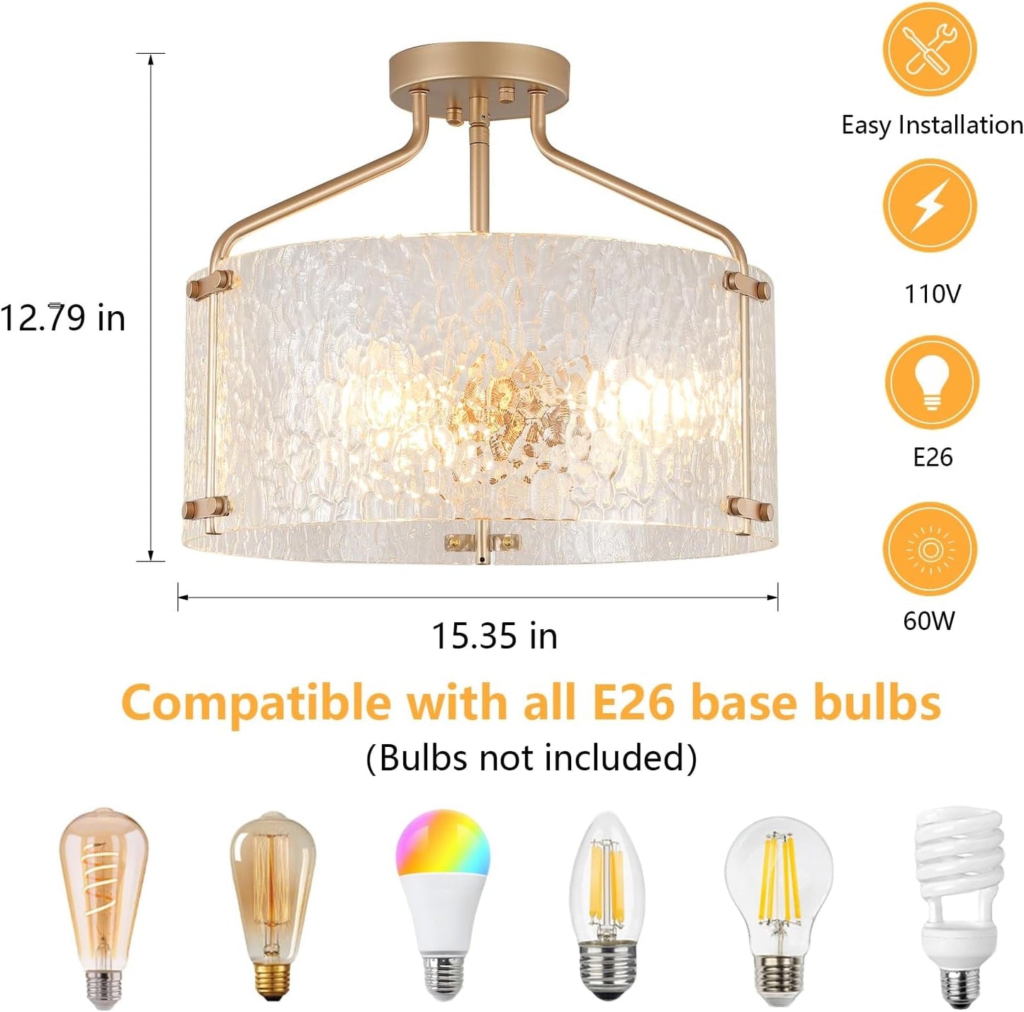 Gold 16Inch Semi Flush Ceiling Light Fixture Radiant