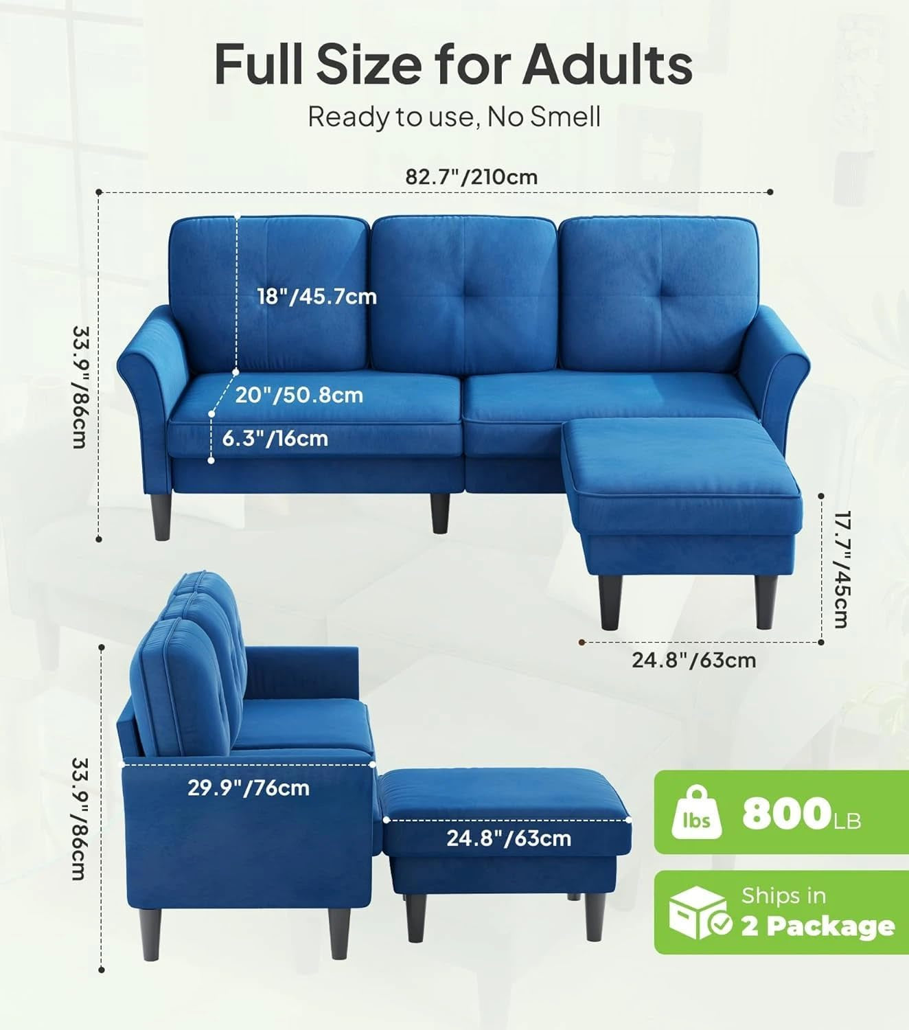 Velvet 83 Inch Sectional Sofa With Movable Ottoman