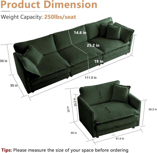 3 Piece Evergreen Sofa Set Chenille Modular For Living Room
