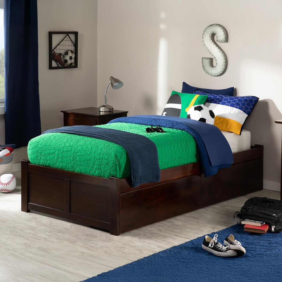 Twin XL Platform Bed With Authentic Walnut Finish Drawers