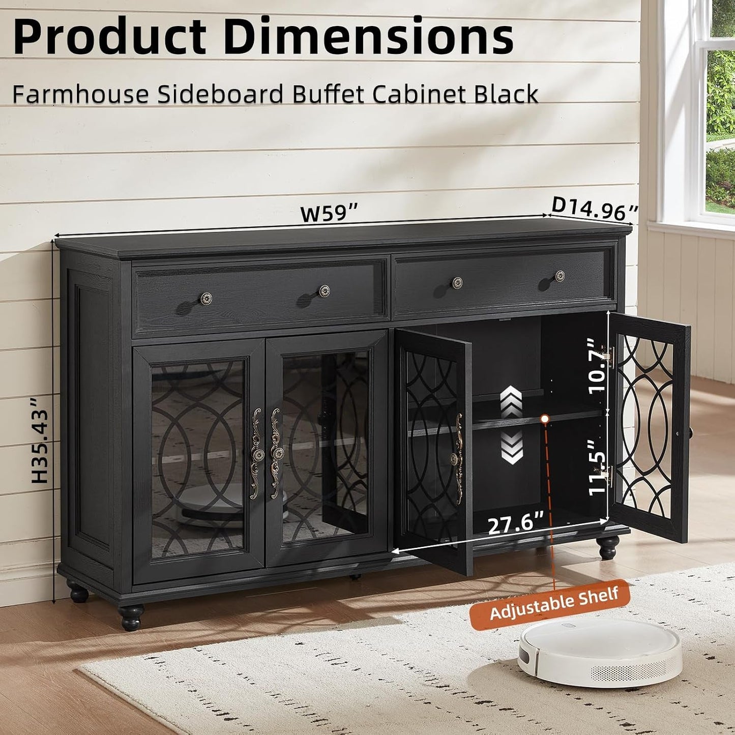Black Sideboard Buffet Cabinet With Adjustable Shelves