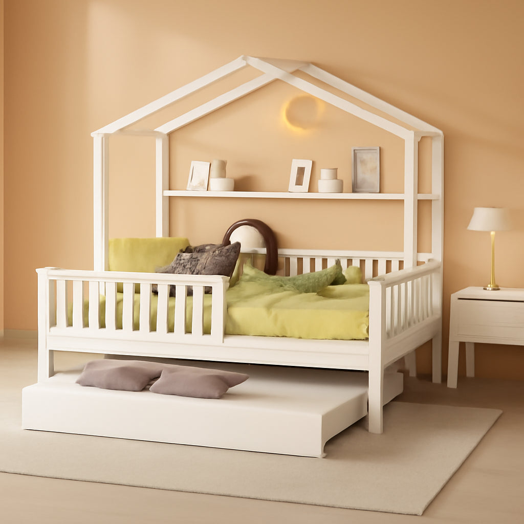 FullSize White Wooden Playhouse Trundle Bed Storage