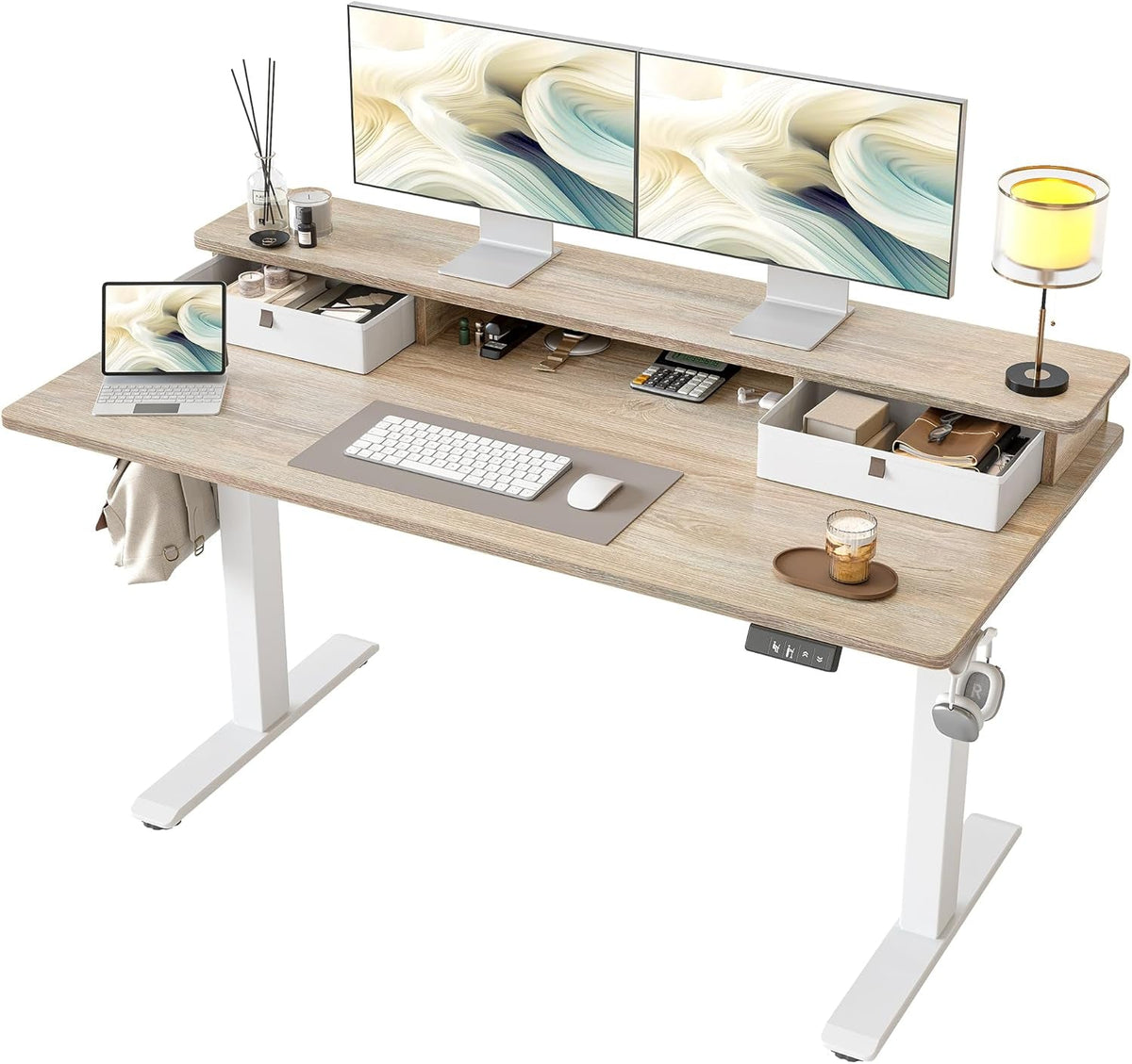 Maple 55x24 Electric Height Adjustable Desk Drawers