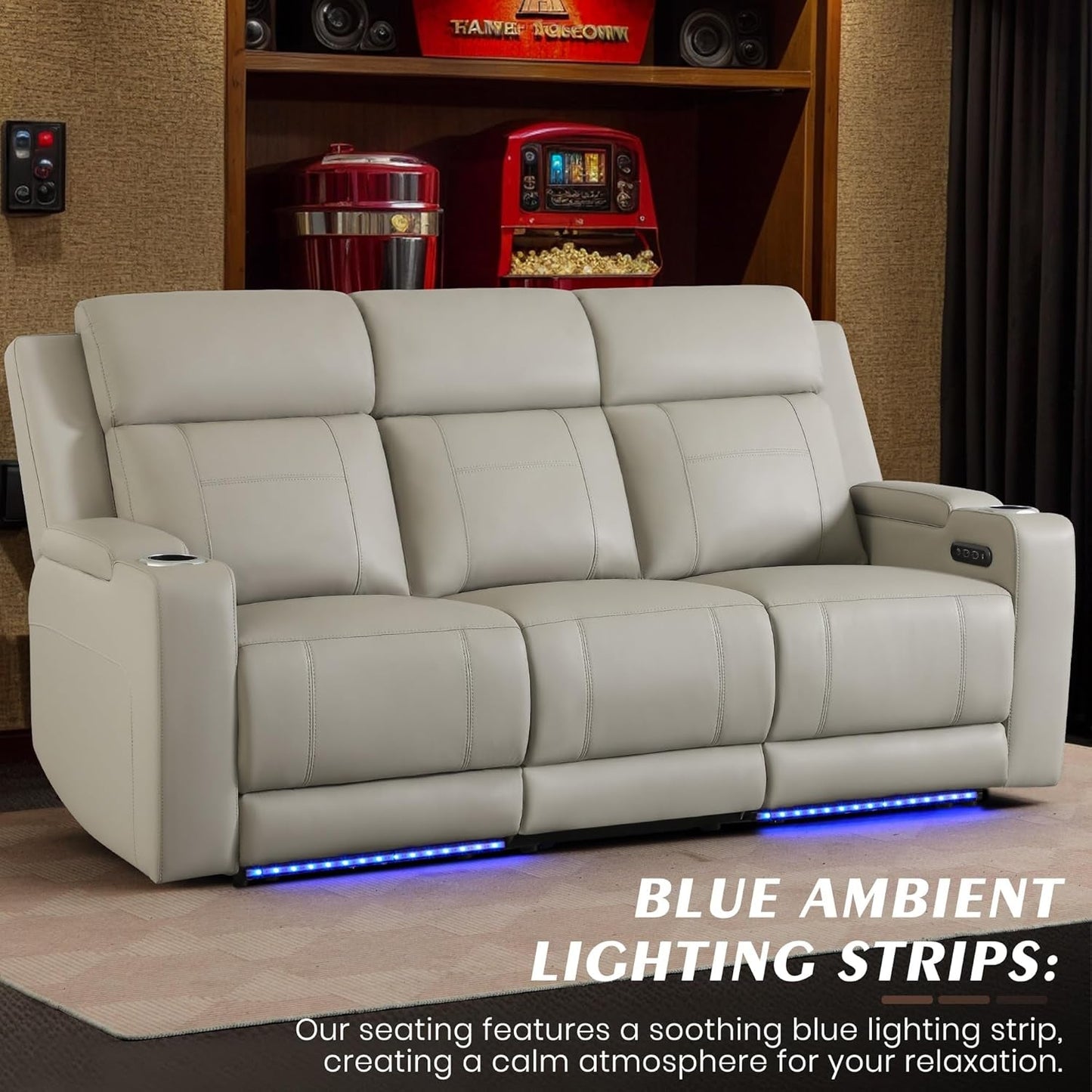Grey Luxurious Leather Reclining Sofa With Headrest