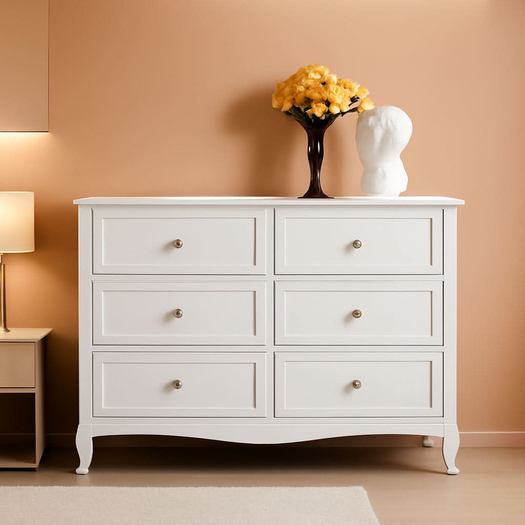 White Six Drawer Dresser Grooved Front ContouredProfile