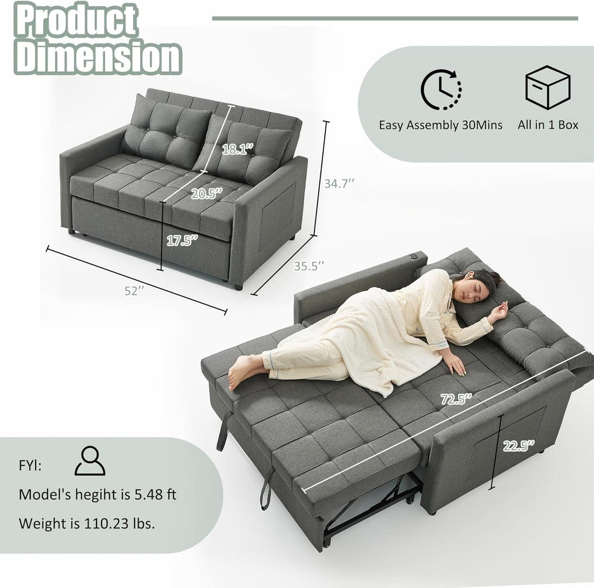 52Inch Sleeper Sofa With Pullout Bed Gray Fabric Upholstery