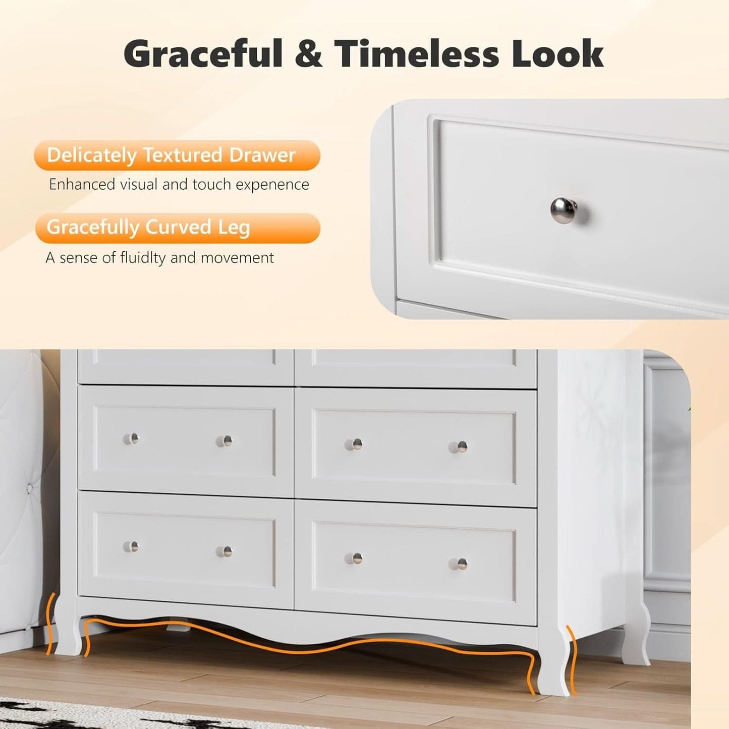 White Six Drawer Dresser Grooved Front ContouredProfile