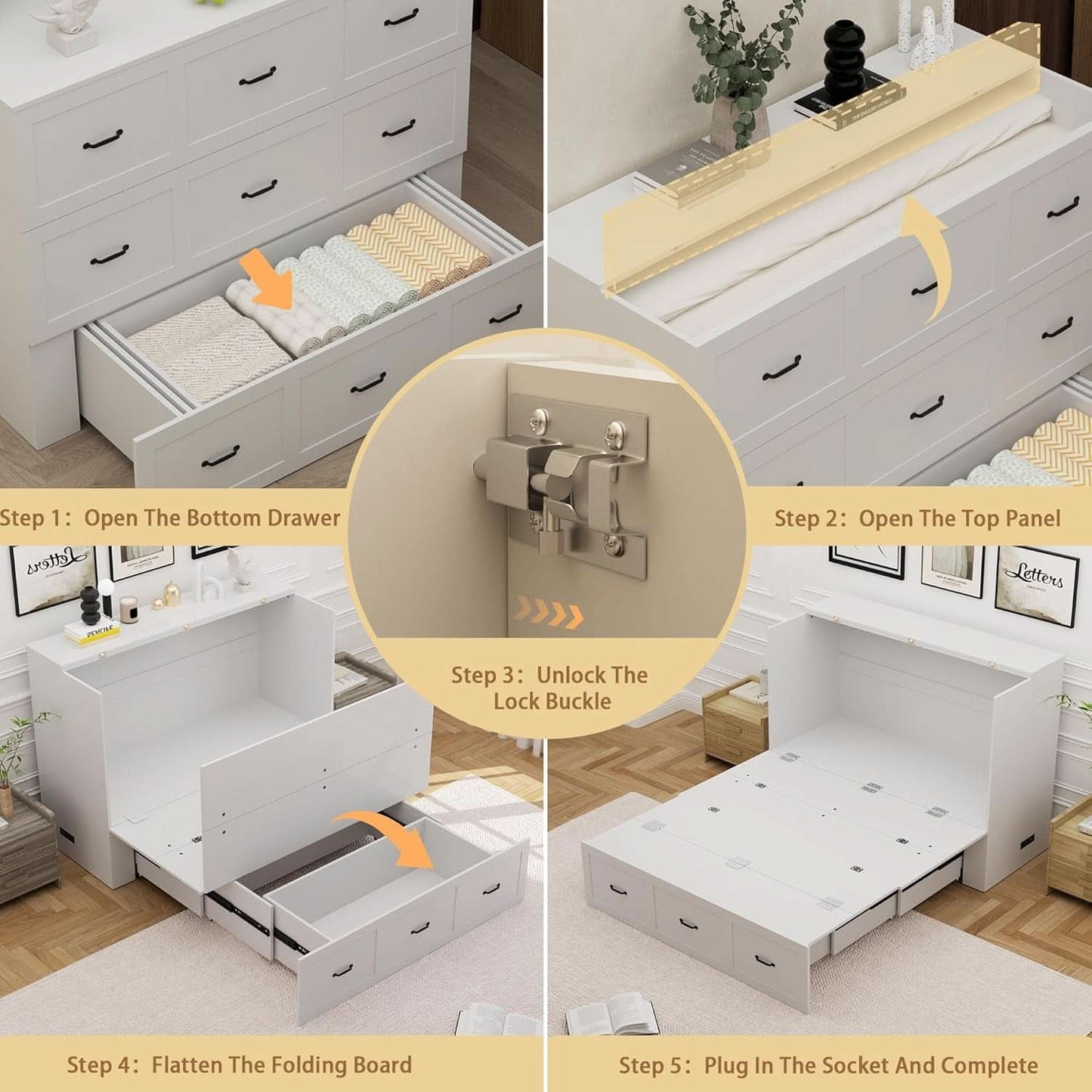 White Full Size Murphy Cabinet Bed With Integrated USB Charging
