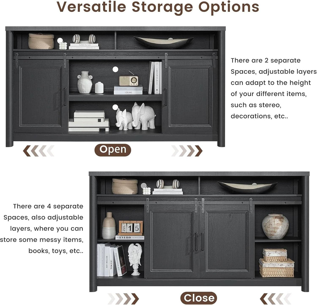 Farmhouse TV Stand Entertainment Center Sliding Doors Black