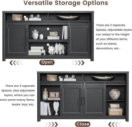 Farmhouse TV Stand Entertainment Center Sliding Doors Black