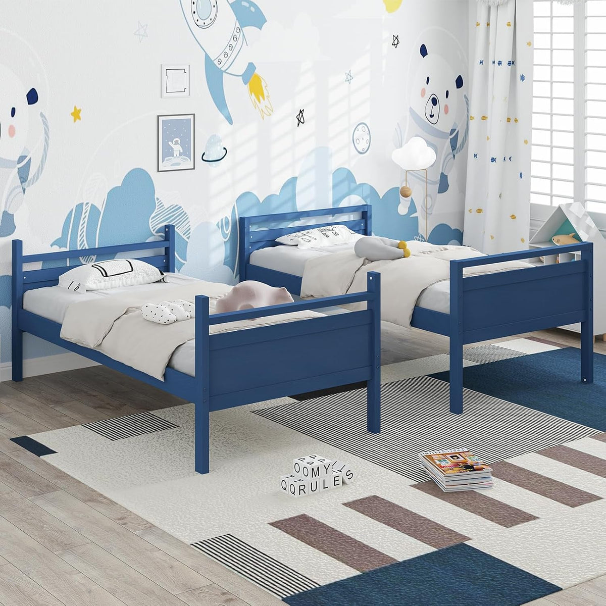 Navy Blue Convertible Twin Over Twin Bunk Bed For Kids