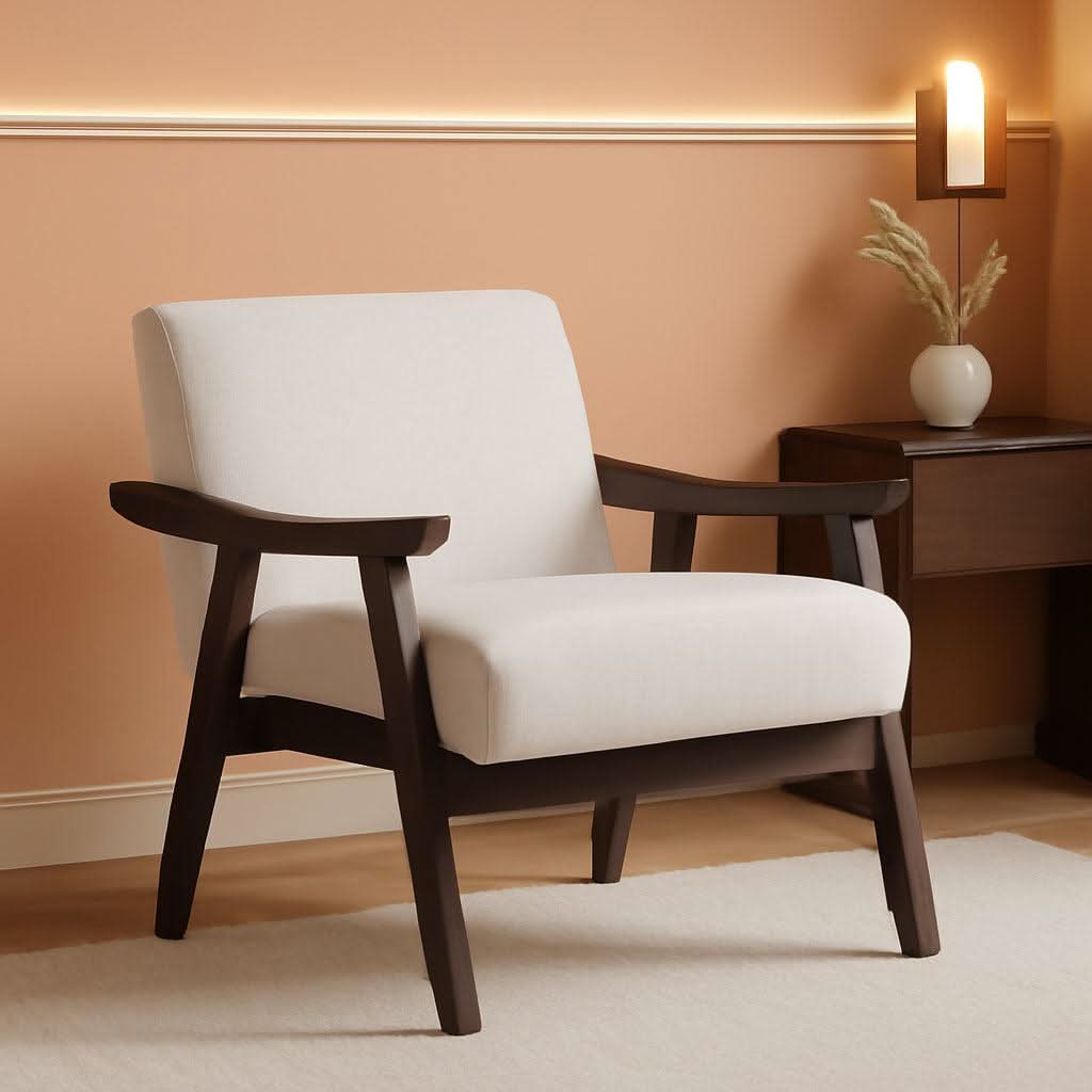 Beige Upholstered Modern Midcentury Solid Wood Armchair With Cushions